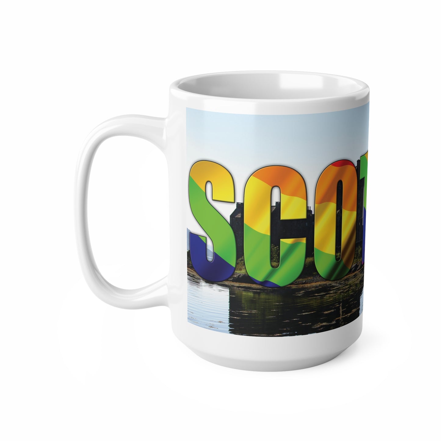 Scotland Lettering Pride Flag Photo Mug, White