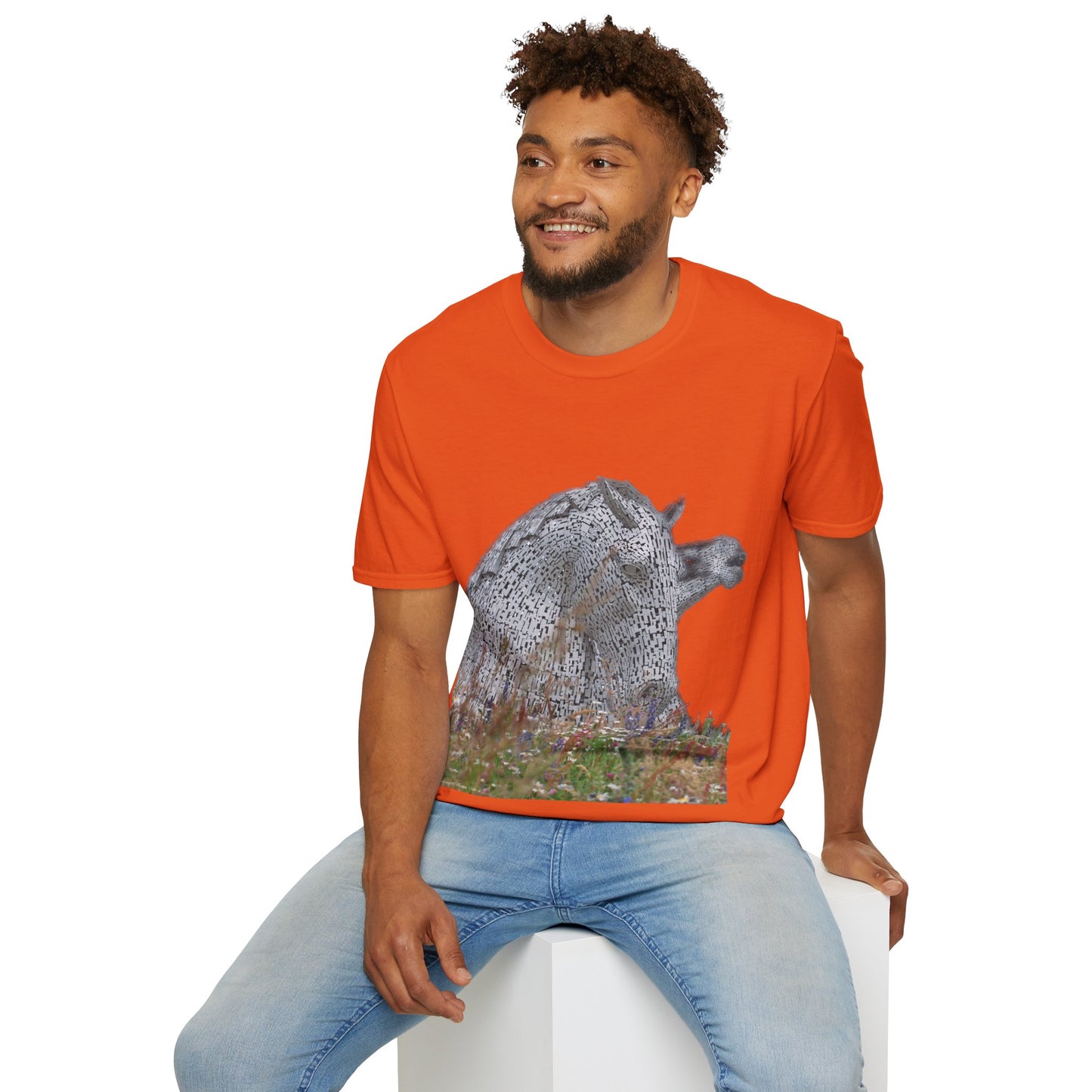 Kelpies with Meadow No Sky Photo Softstyle T-Shirt, Unisex Tee, Scottish Landmarks, Various Colours