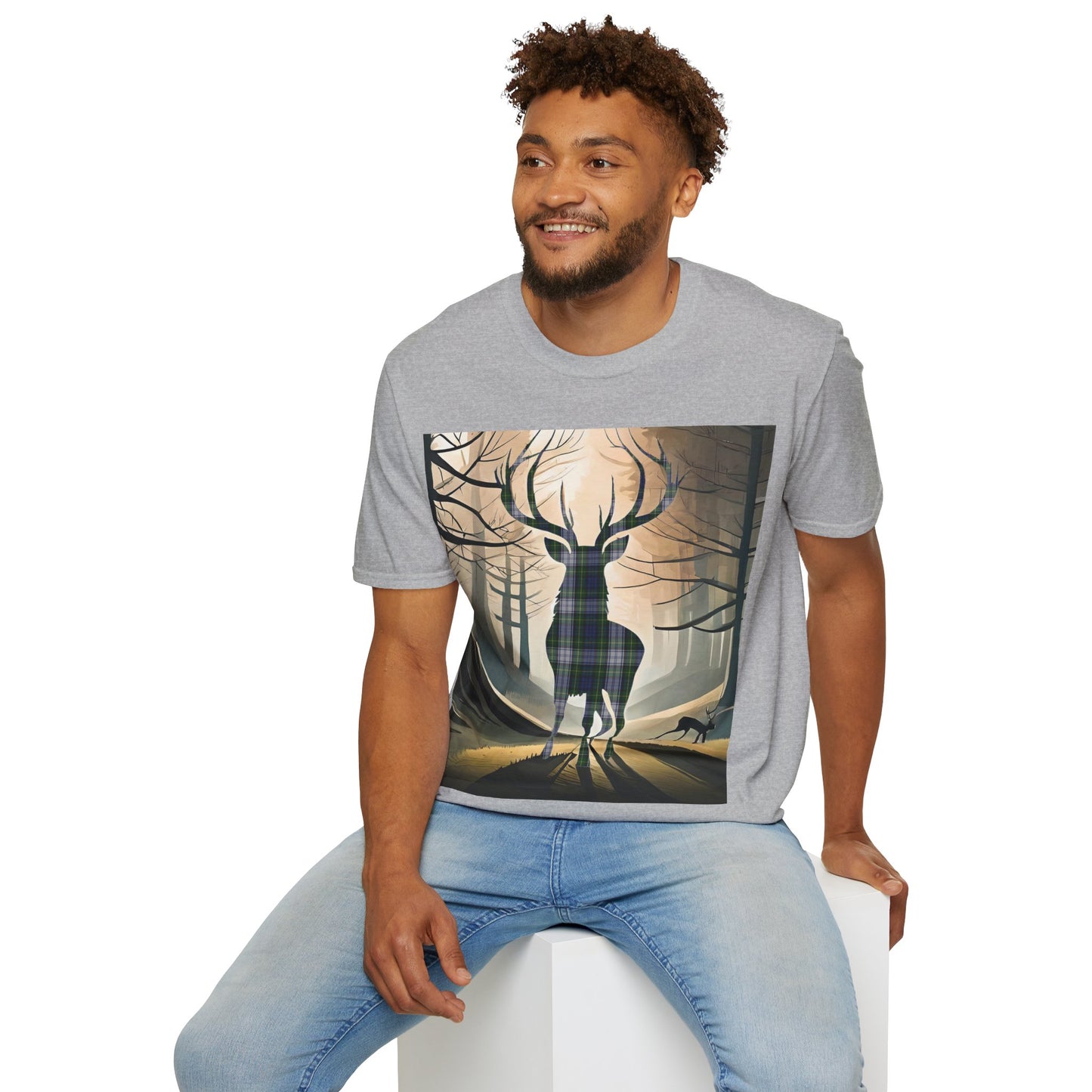 Stag Tartan Silhouette Softstyle T-Shirt - Gordon Dress Tartan, Unisex Tee, Scottish Scenery, Various Colours