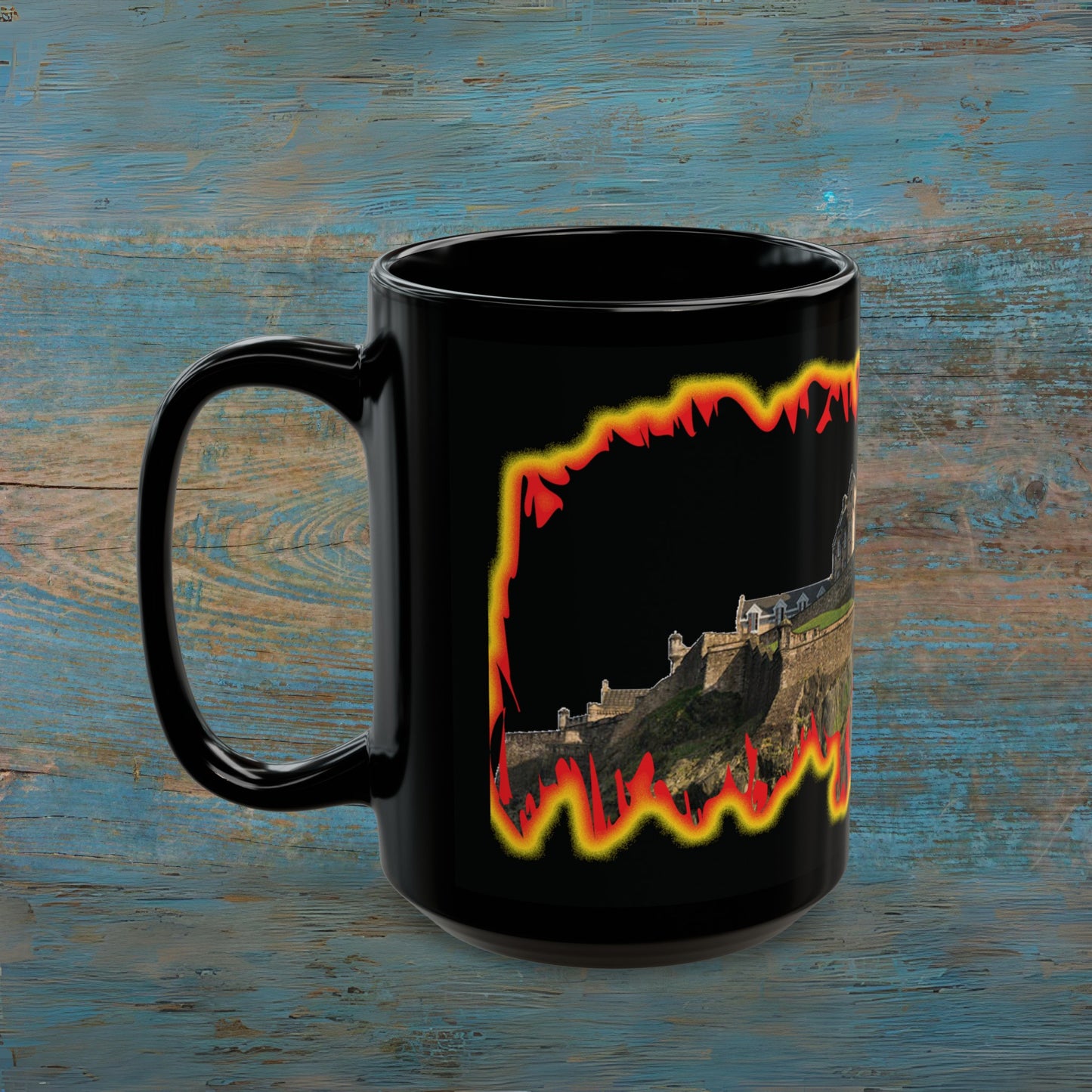 Edinburgh Castle Fire Effect Photo Mug, Black