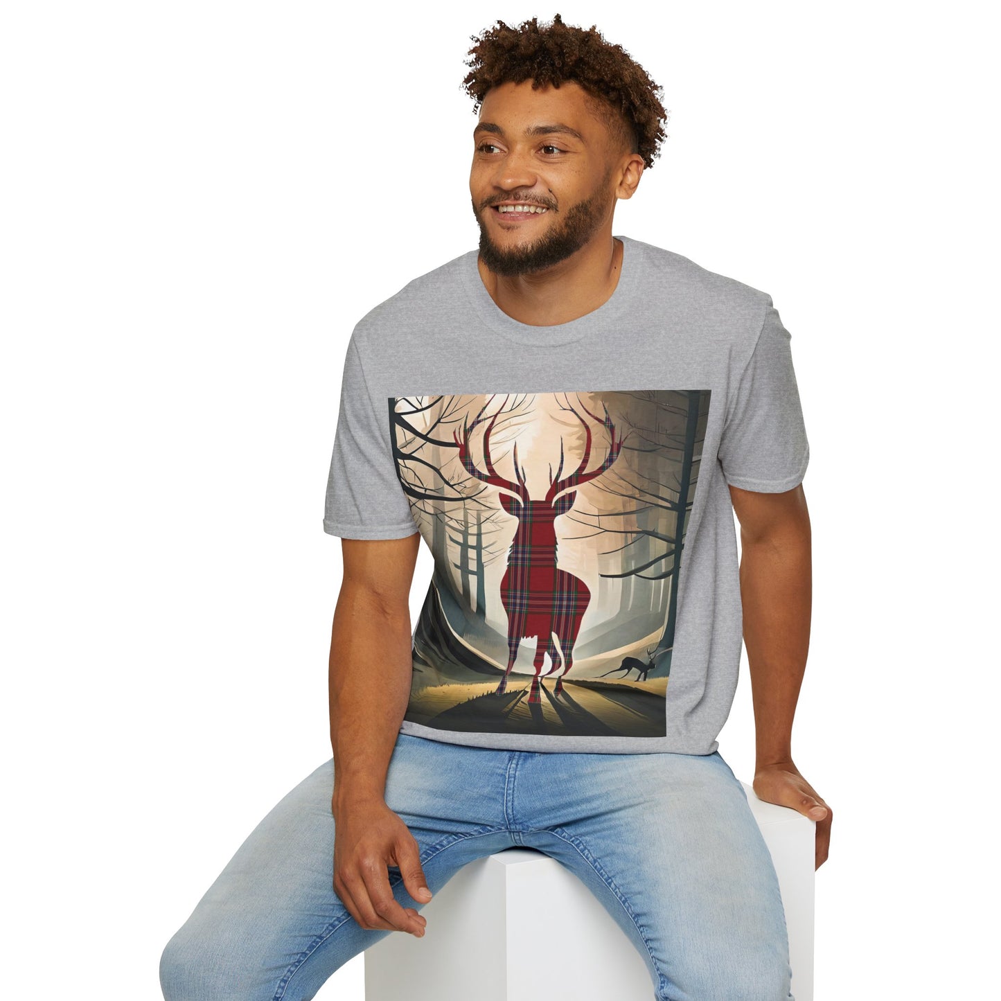 Stag Tartan Silhouette Softstyle T-Shirt - MacFarlane Tartan, Unisex Tee, Scottish Scenery, Various Colours