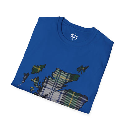 Scotland Tartan Map Softstyle Unisex T-Shirt, Gordon Dress Tartan, Various Colours