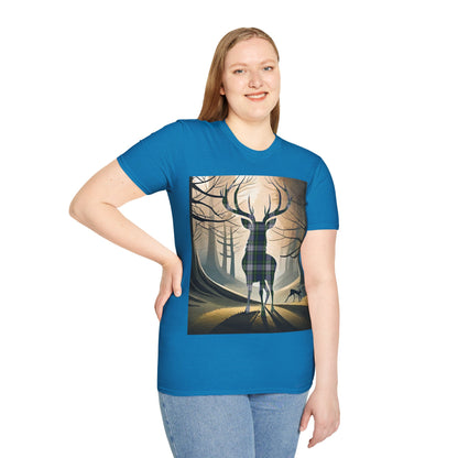 Stag Tartan Silhouette Softstyle T-Shirt - Gordon Dress Tartan, Unisex Tee, Scottish Scenery, Various Colours