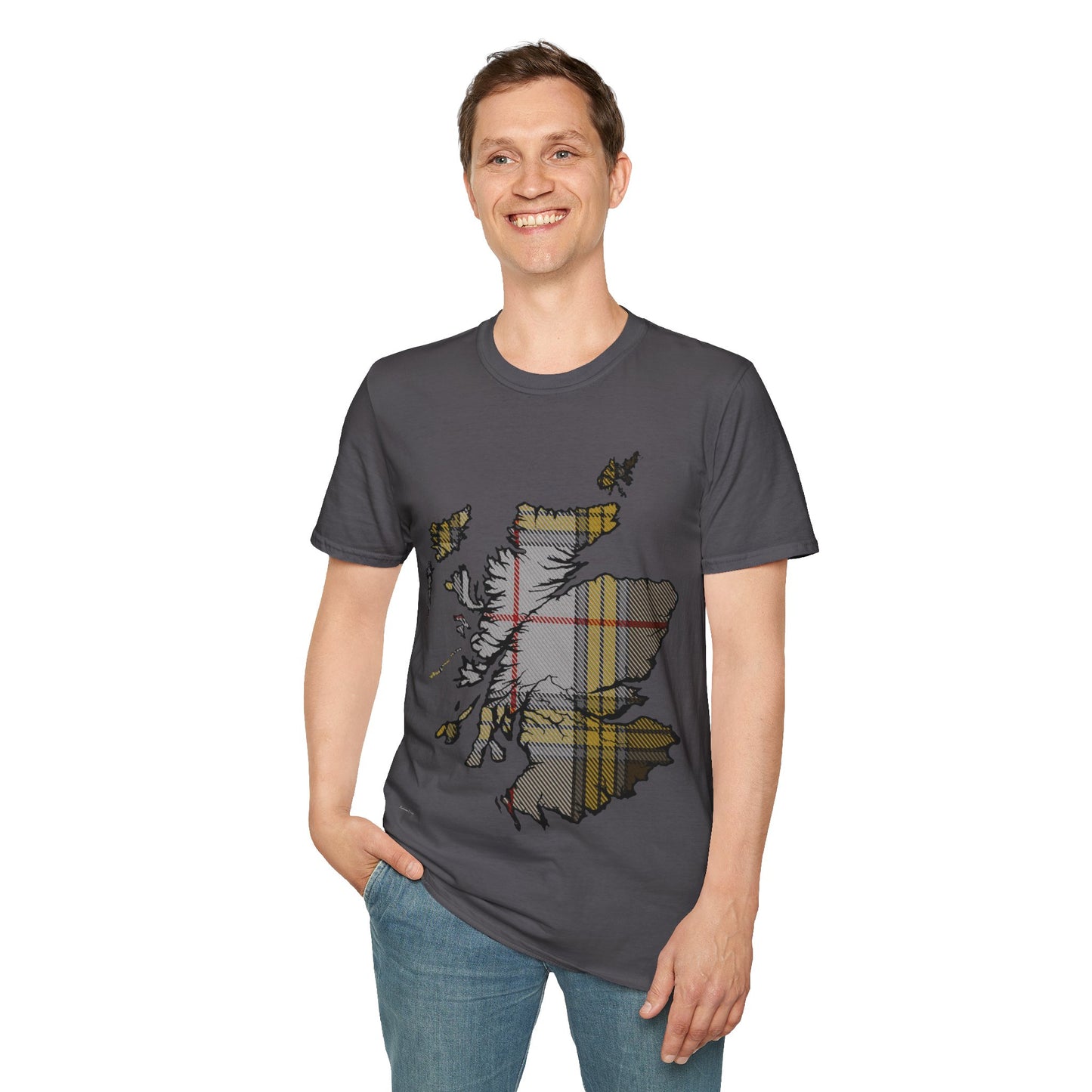 Scotland Tartan Map Softstyle Unisex T-Shirt, Buchanan Dress Tartan, Various Colours