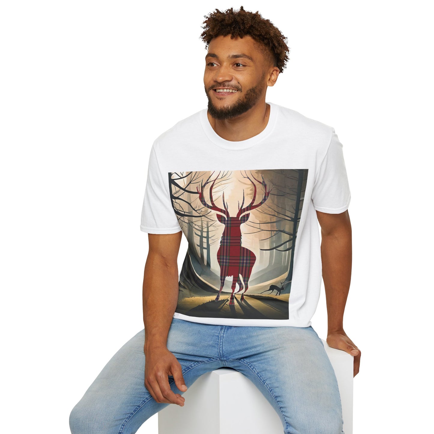 Stag Tartan Silhouette Softstyle T-Shirt - MacFarlane Tartan, Unisex Tee, Scottish Scenery, Various Colours