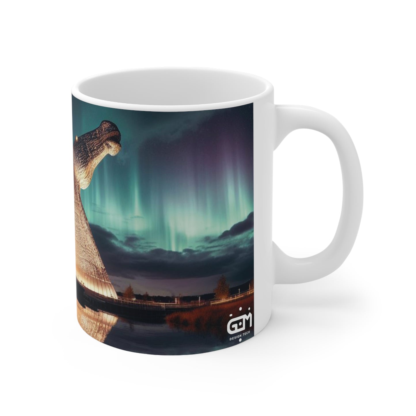 Kelpies Northern Lights Mug, Coffee Cup, Tea Cup, Scottish Art, Scottish Landmarks, Scottish Nature, White