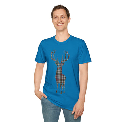 Tartan Stag Softstyle T-Shirt - Stewart Dress Tartan, Unisex Tee, Scottish Scenery, Various Colours