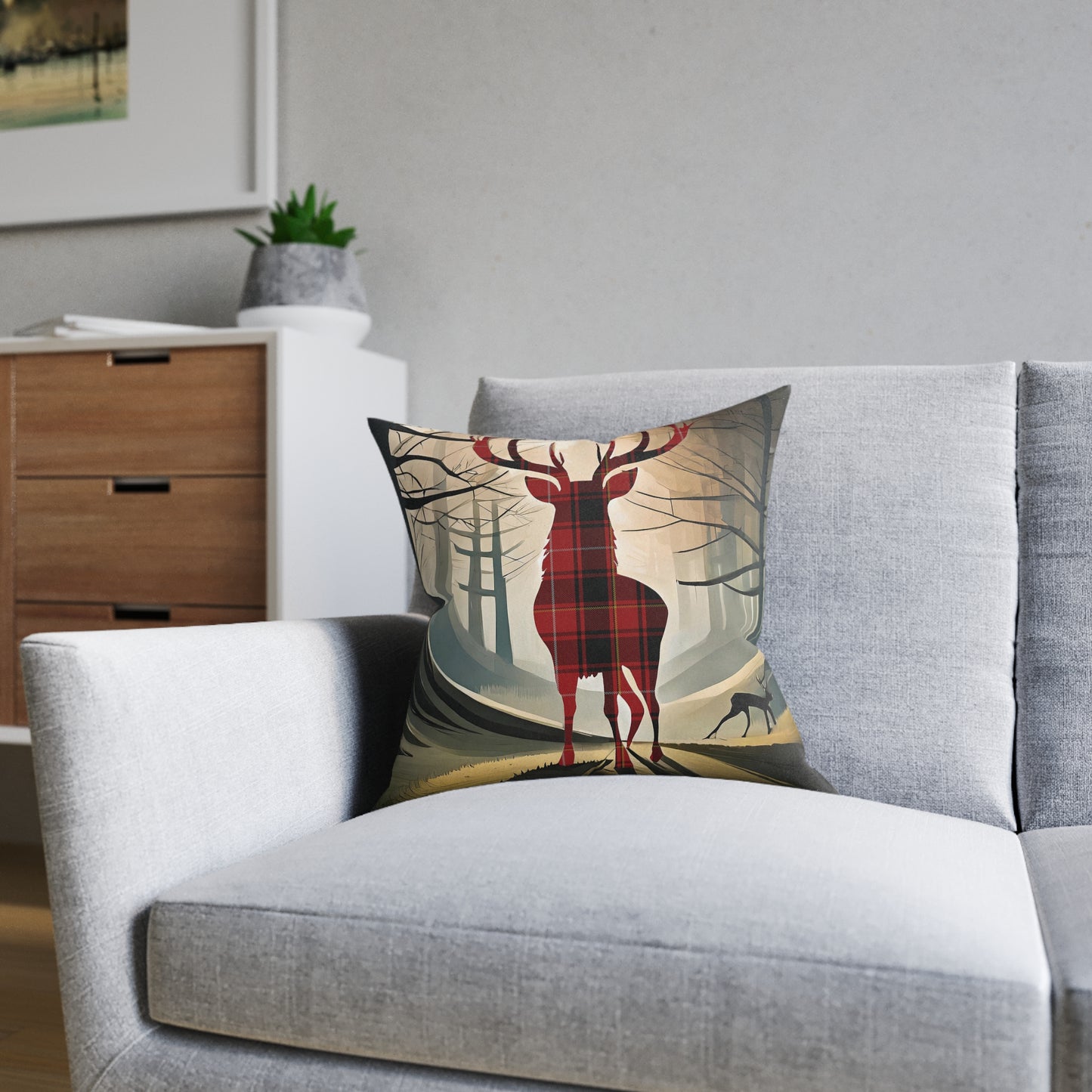 Reversible Square Cushion : Stag / Scotland Map - MacIver Tartan, Various Sizes