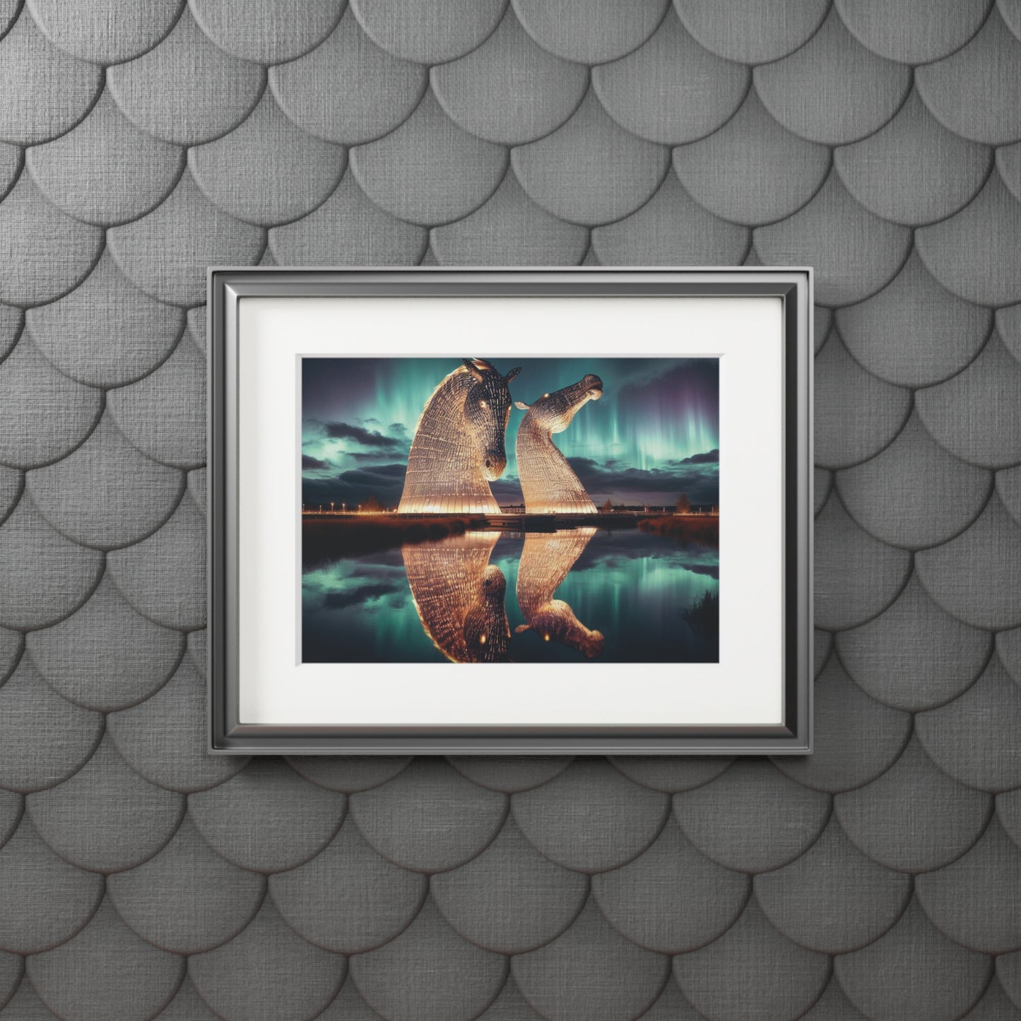 Kelpies Northern Lights Fine Art Print, Scotland Art, Paper Frame, Various Sizes, Horizontal