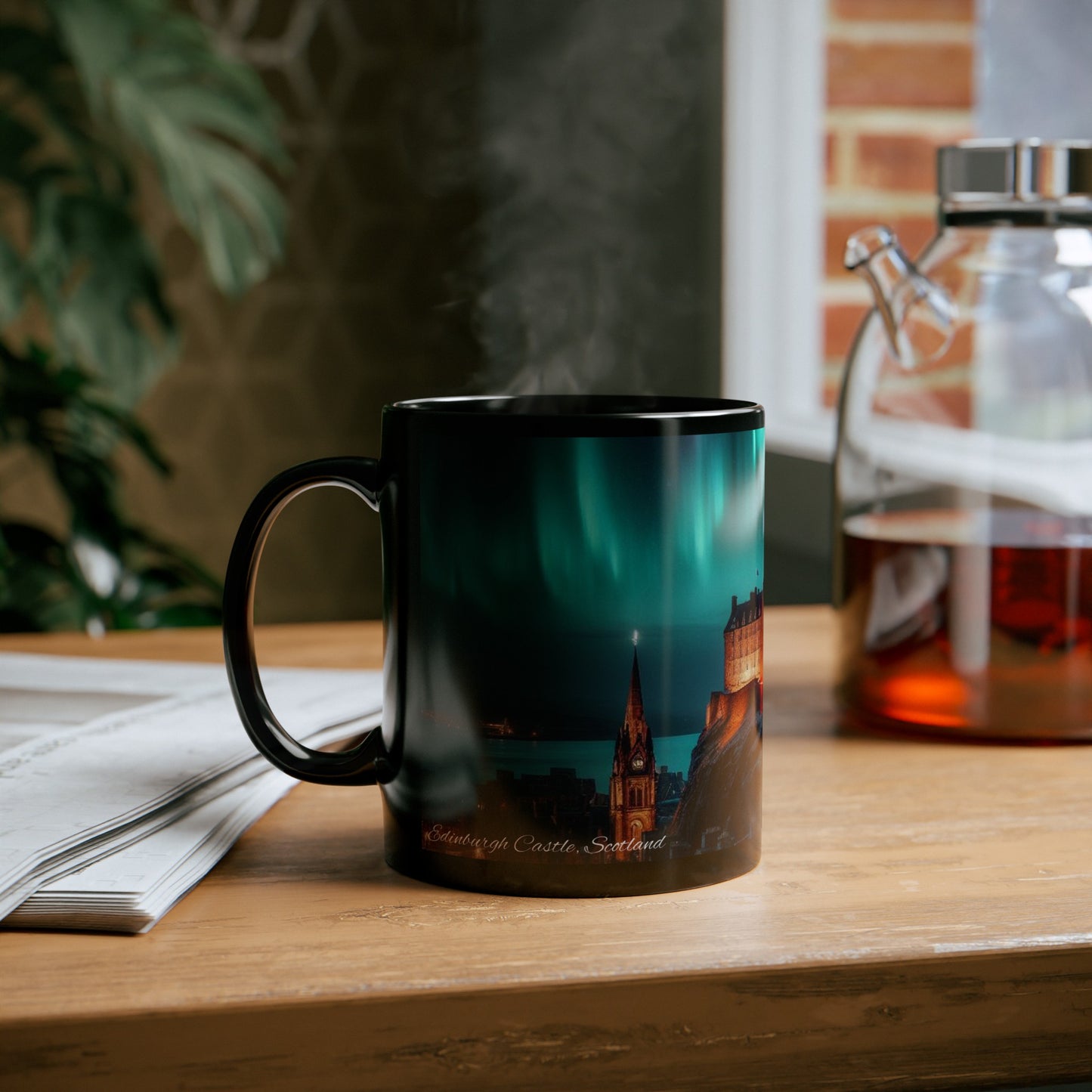 Edinburgh Castle Northern Lights Mug, Coffee Cup, Tea Cup, Scottish Art, Scottish Landmarks, Scottish Nature, Black