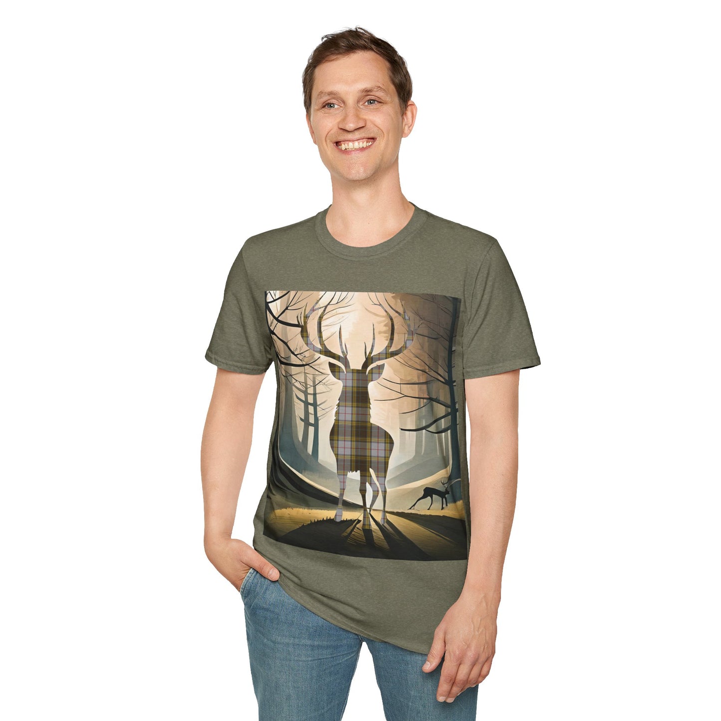 Stag Tartan Silhouette Softstyle T-Shirt - Buchanan Tartan, Unisex Tee, Scottish Scenery, Various Colours