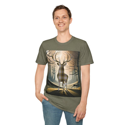 Stag Tartan Silhouette Softstyle T-Shirt - Buchanan Tartan, Unisex Tee, Scottish Scenery, Various Colours