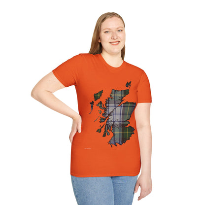 Scotland Tartan Map Softstyle Unisex T-Shirt, Gordon Dress Tartan, Various Colours