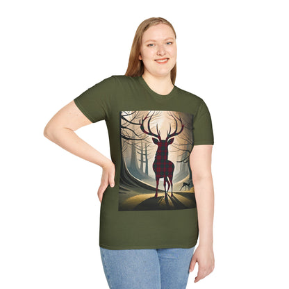 Stag Tartan Silhouette Softstyle T-Shirt - Lindsay Tartan, Unisex Tee, Scottish Scenery, Various Colours