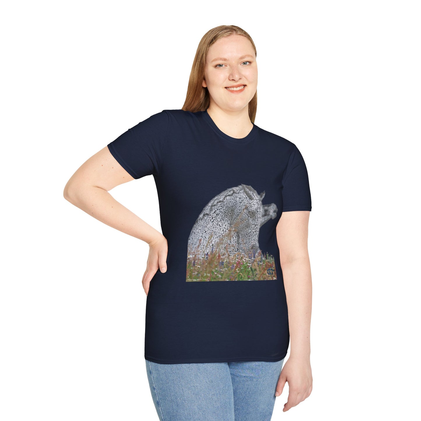 Scottish Kelpies with Meadow No Sky Photo Softstyle Unisex T-Shirt, Scotland Tee