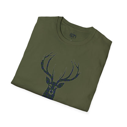 Tartan Stag Softstyle T-Shirt - Gordon Tartan, Unisex Tee, Scottish Scenery, Various Colours