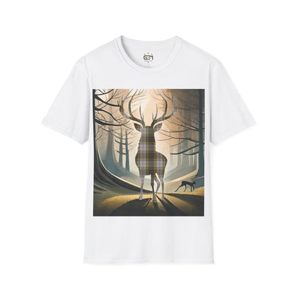 Stag Tartan Silhouette Softstyle T-Shirt - Buchanan Tartan, Unisex Tee, Scottish Scenery, Various Colours