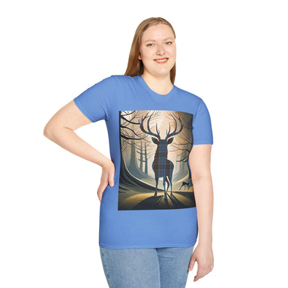 Stag Tartan Silhouette Softstyle T-Shirt - Anderson Tartan, Unisex Tee, Scottish Scenery, Various Colours