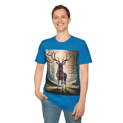 Stag Tartan Silhouette Softstyle T-Shirt - MacPherson Tartan, Unisex Tee, Scottish Scenery, Various Colours