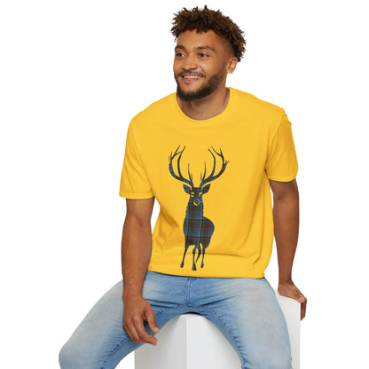 Tartan Stag Softstyle T-Shirt - Anderson Old Tartan, Unisex Tee, Scottish Scenery, Various Colours