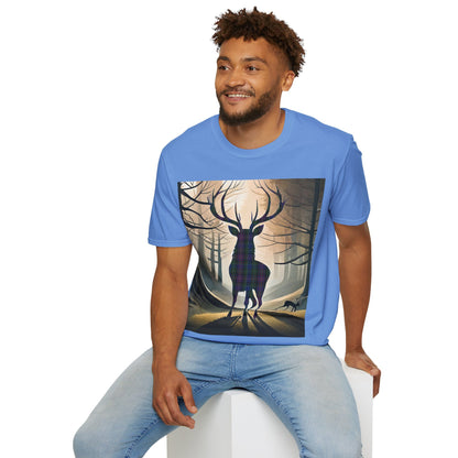 Stag Tartan Silhouette Softstyle T-Shirt - Rankin Tartan, Unisex Tee, Scottish Scenery, Various Colours