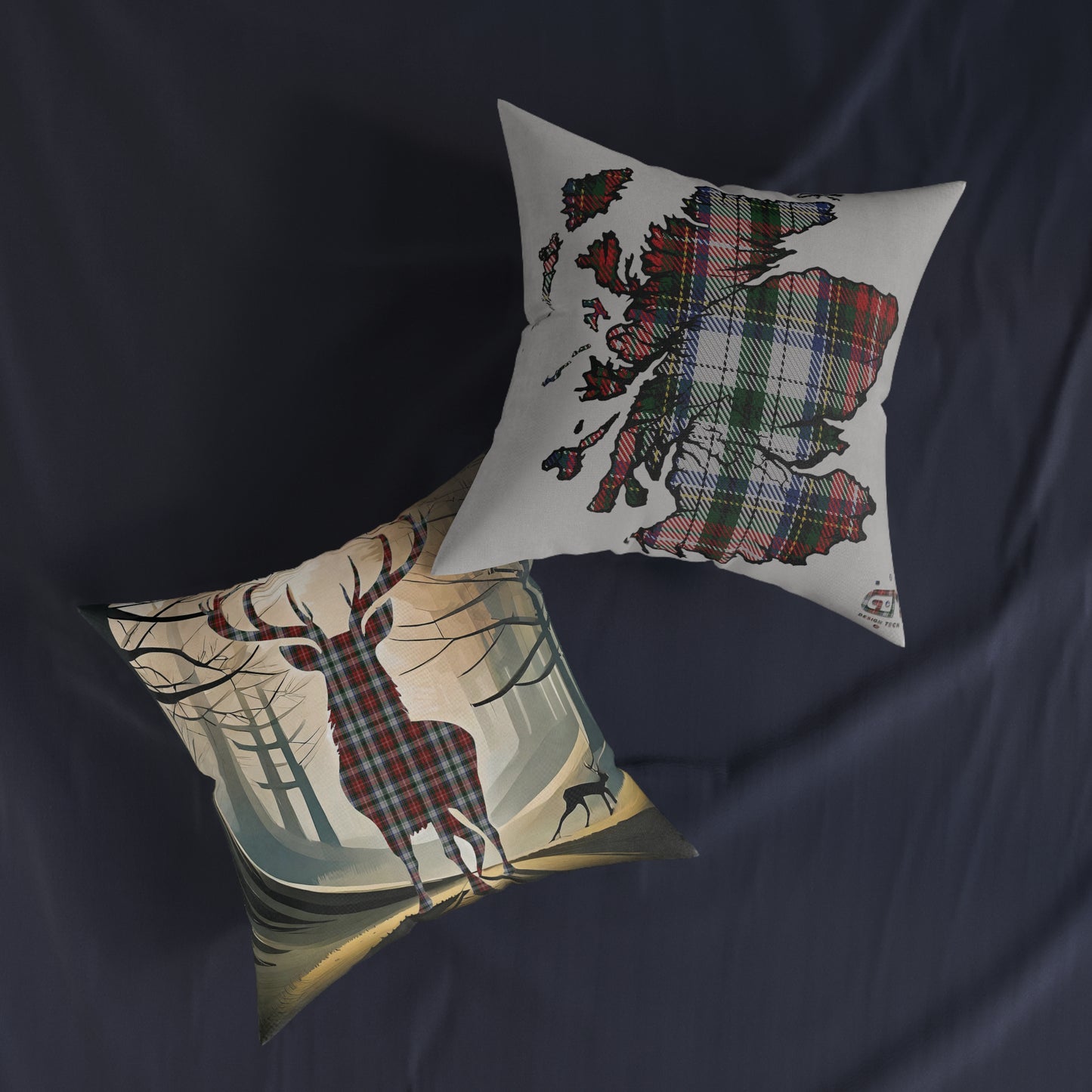 Reversible Square Cushion : Stag / Scotland Map - Stewart Tartan, Various Sizes