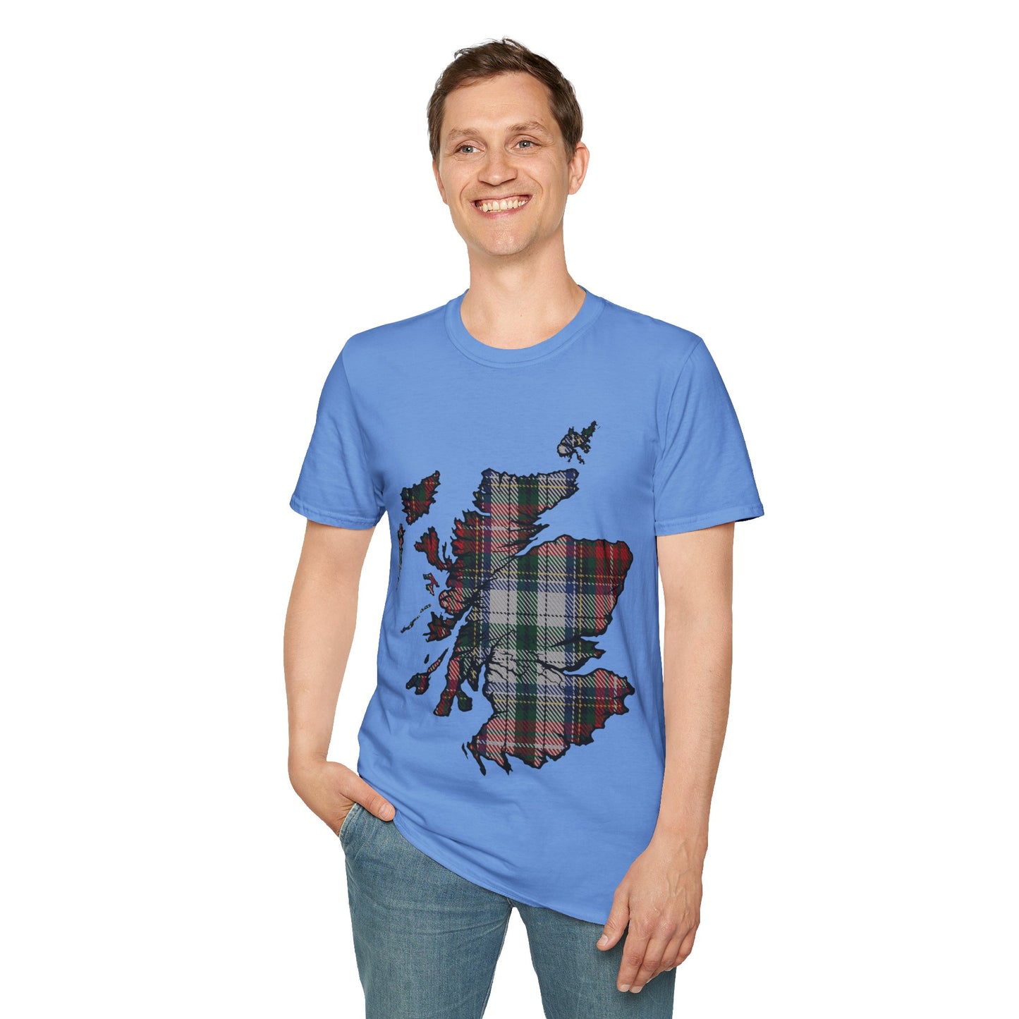 Scotland Tartan Map Softstyle Unisex T-Shirt, Stewart Tartan, Various Colours