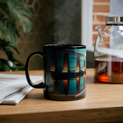 Forth Rail Bridge Northern Lights Mug, Tasse à café, Tasse à thé, Art écossais, Monuments écossais, Nature écossaise, Noir