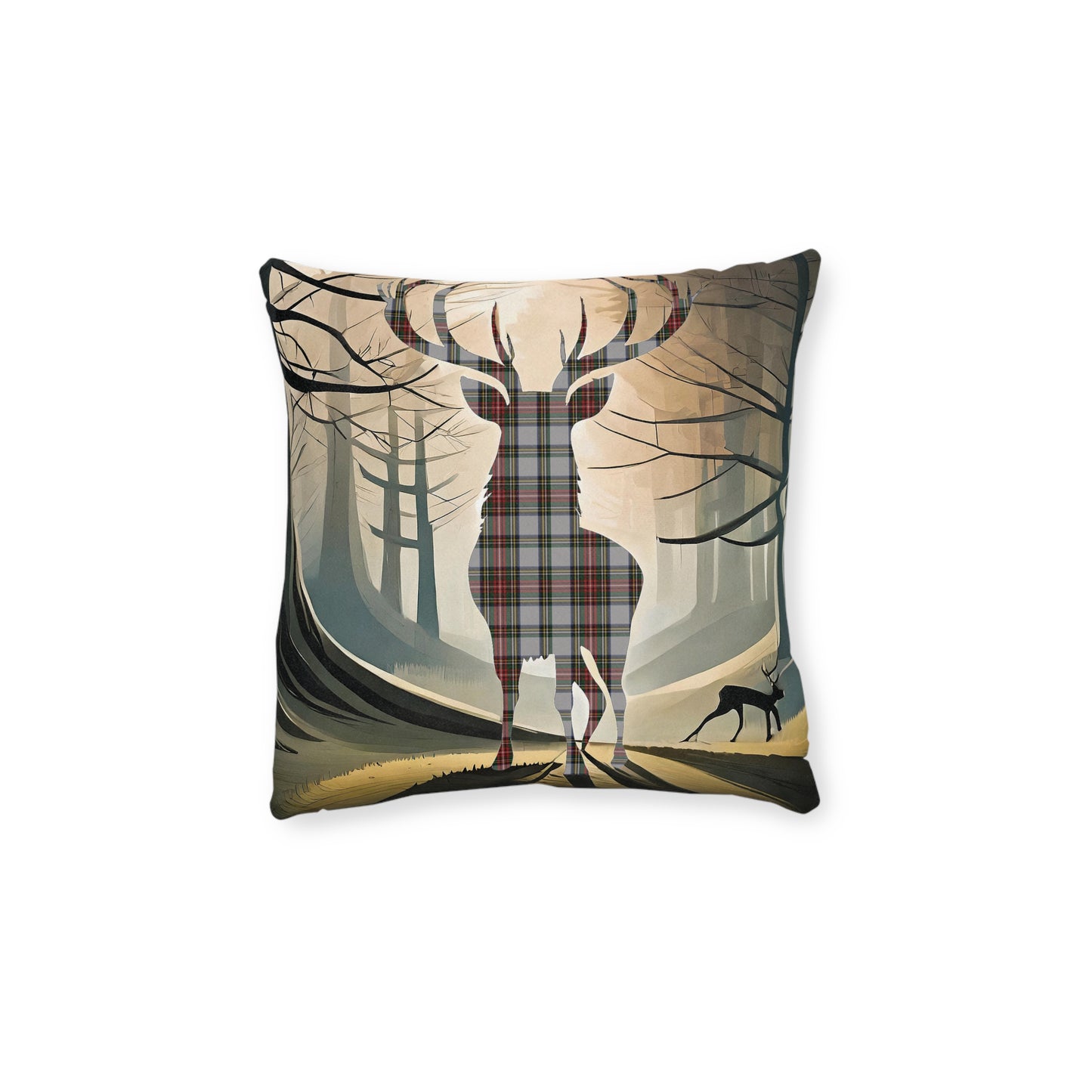 Reversible Square Cushion : Stag / Scotland Map - Stewart Dress Tartan, Various Sizes