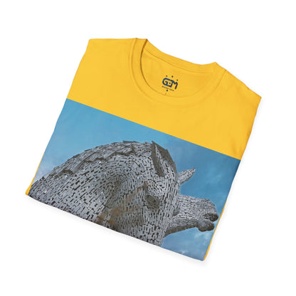 Kelpies with Meadow Photo Softstyle T-Shirt, Unisex Tee, Scottish Landmarks, Various Colours