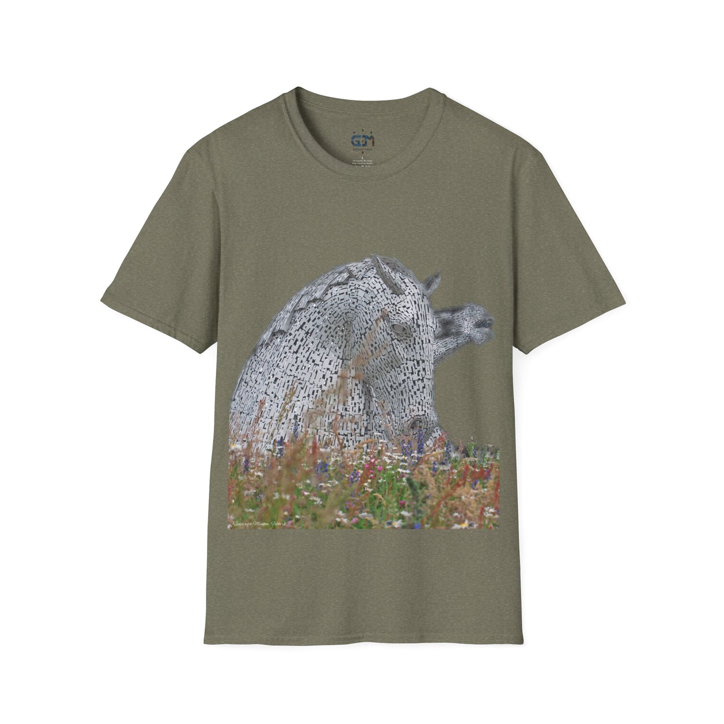 Kelpies with Meadow No Sky Photo Softstyle T-Shirt, Unisex Tee, Scottish Landmarks, Various Colours