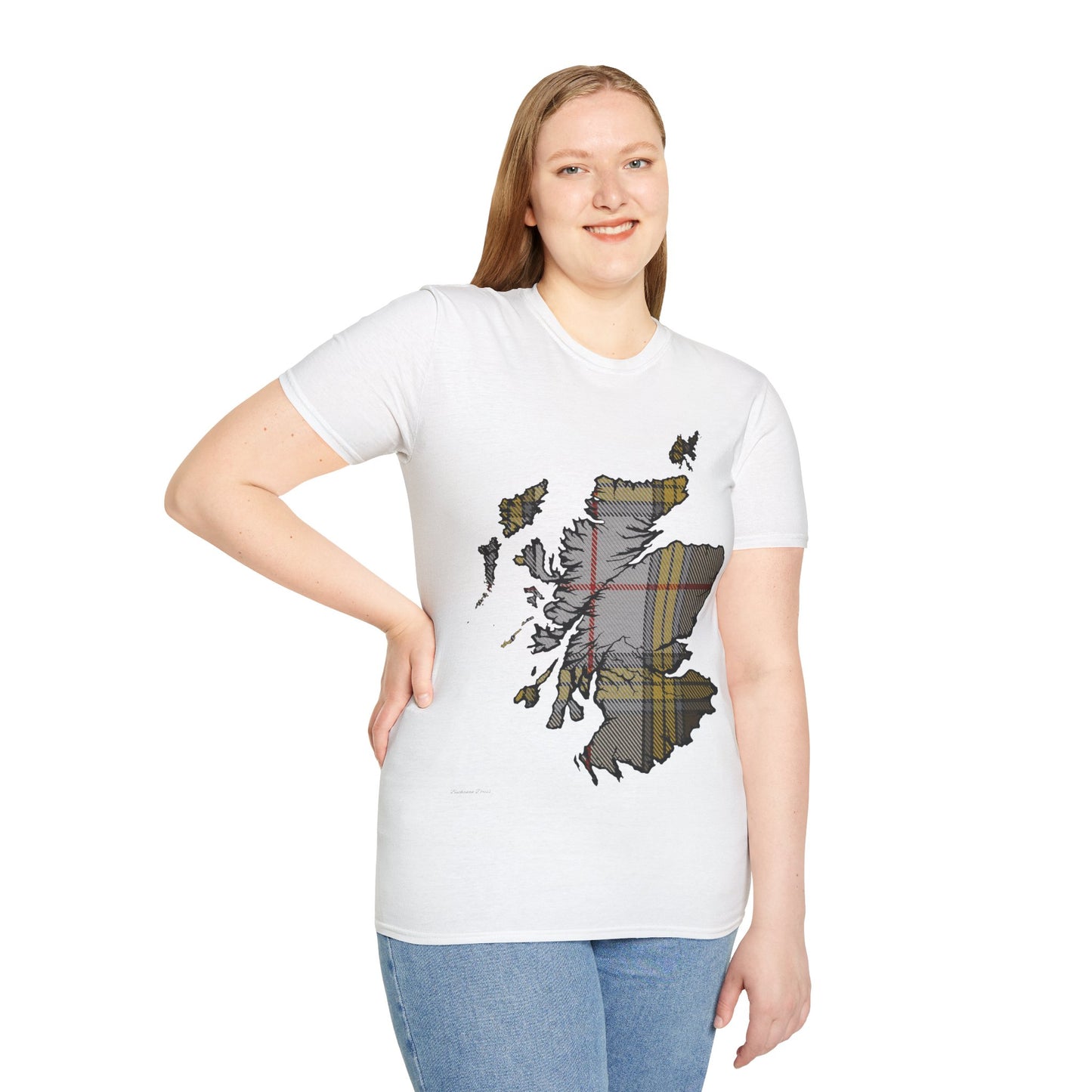 Scotland Tartan Map Softstyle Unisex T-Shirt, Buchanan Dress Tartan, Various Colours