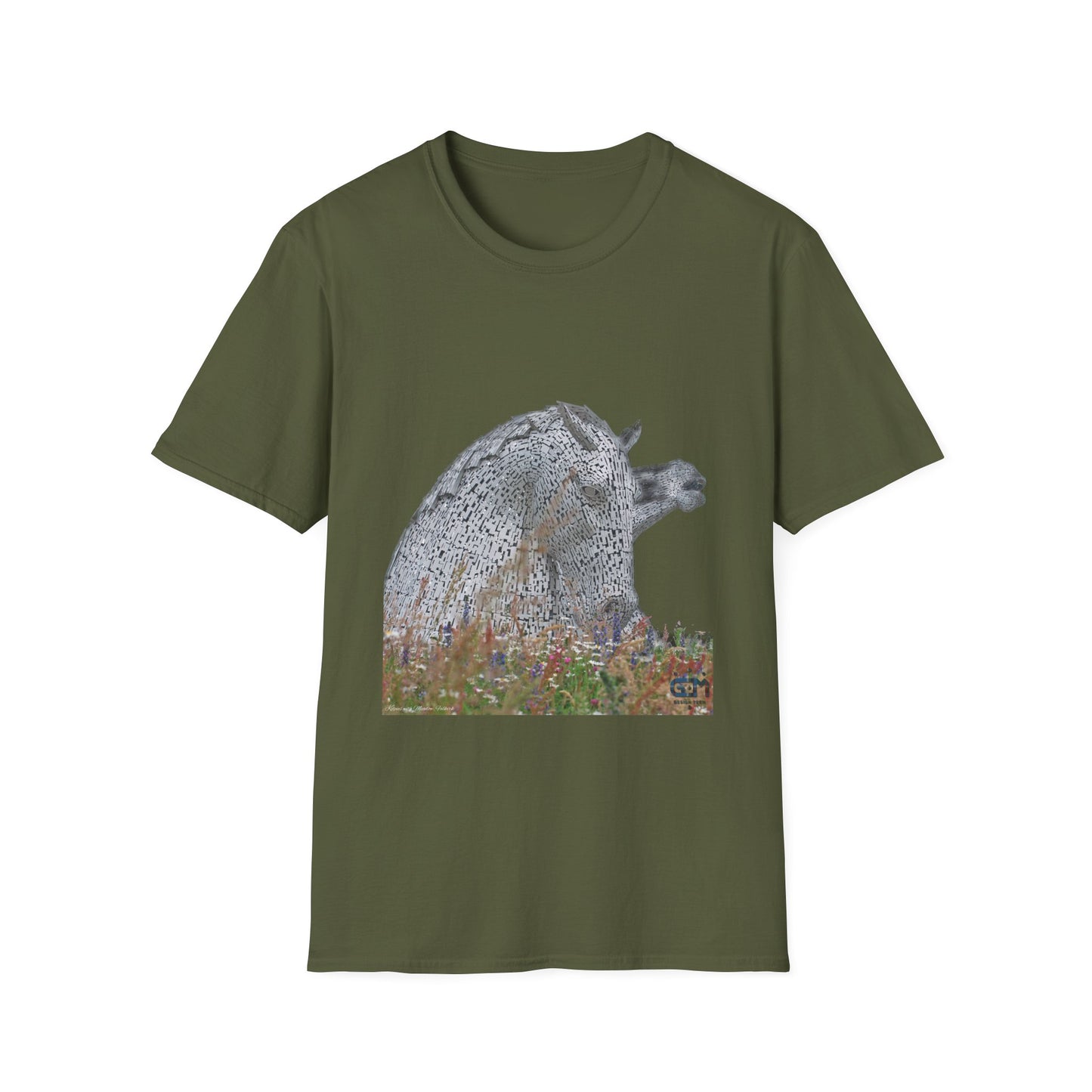 Scottish Kelpies with Meadow No Sky Photo Softstyle Unisex T-Shirt, Scotland Tee