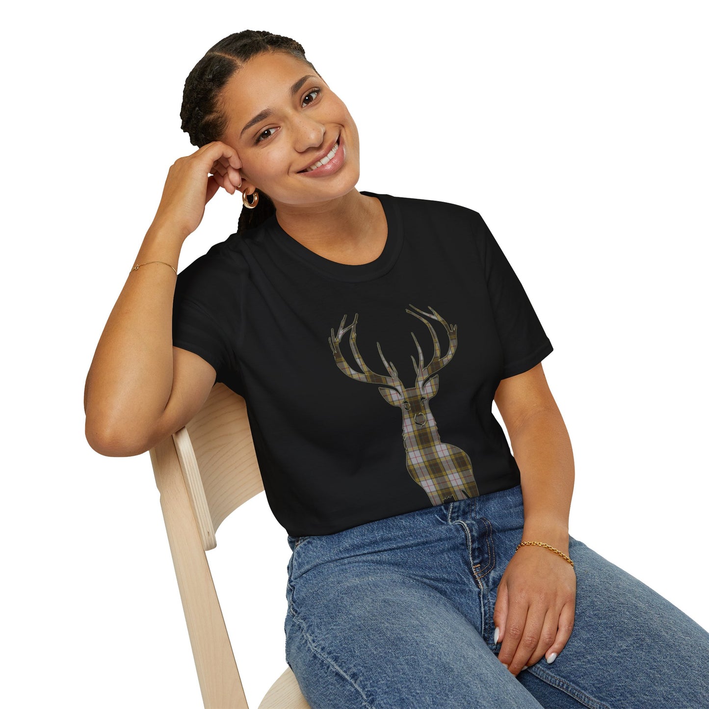 Tartan Stag Softstyle T-Shirt - Buchanan Tartan, Unisex Tee, Scottish Scenery, Various Colours