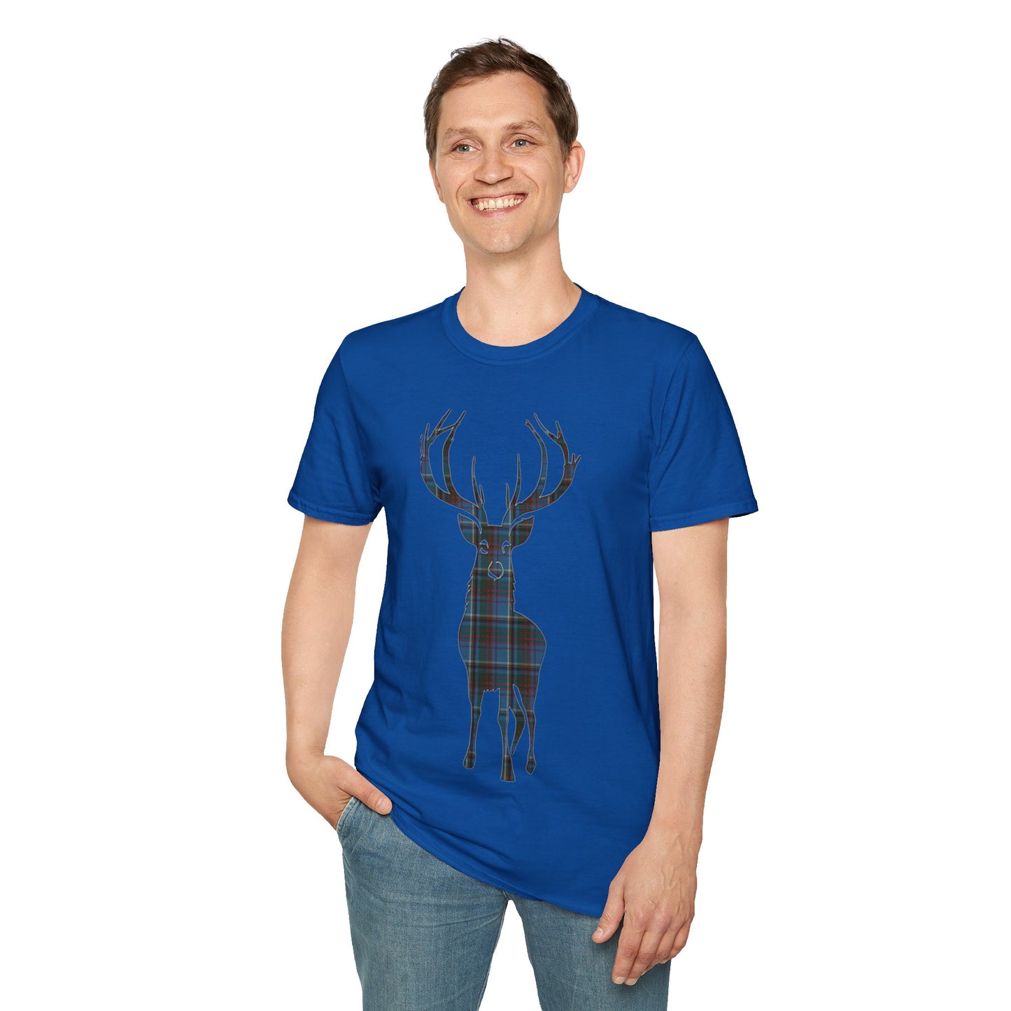 Tartan Stag Softstyle T-Shirt - Anderson Old Tartan, Unisex Tee, Scottish Scenery, Various Colours