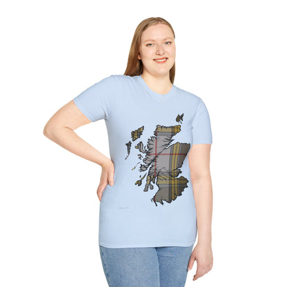 Scotland Tartan Map Softstyle Unisex T-Shirt, Buchanan Dress Tartan, Various Colours