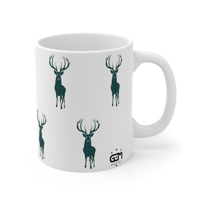 Tartan Stag Mug - Flower of Scotland Tartan, Coffee Cup, Tea Cup, Scotland, White