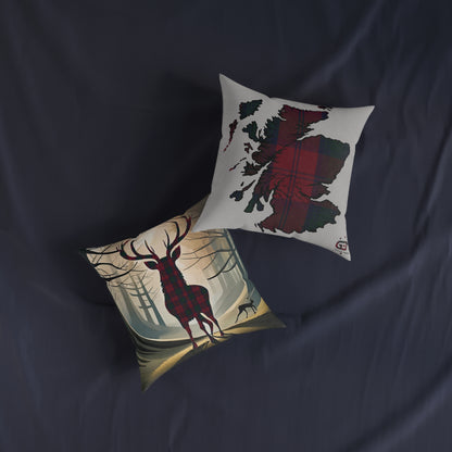 Reversible Square Cushion : Stag / Scotland Map - Lindsay Tartan, Various Sizes