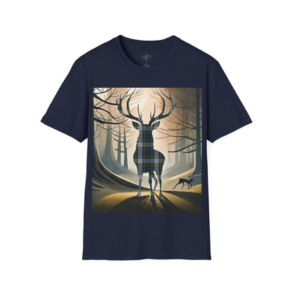 Stag Tartan Silhouette Softstyle T-Shirt - Gordon Dress Tartan, Unisex Tee, Scottish Scenery, Various Colours