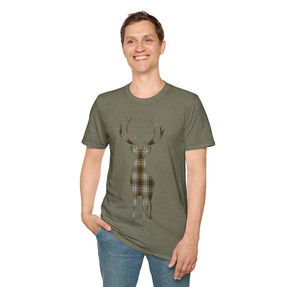 Tartan Stag Softstyle T-Shirt - Buchanan Tartan, Unisex Tee, Scottish Scenery, Various Colours