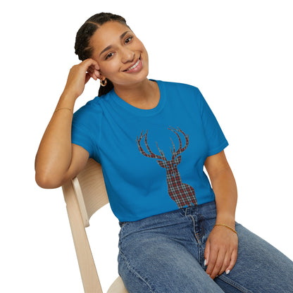 Tartan Stag Softstyle T-Shirt - Stewart Tartan, Unisex Tee, Scottish Scenery, Various Colours