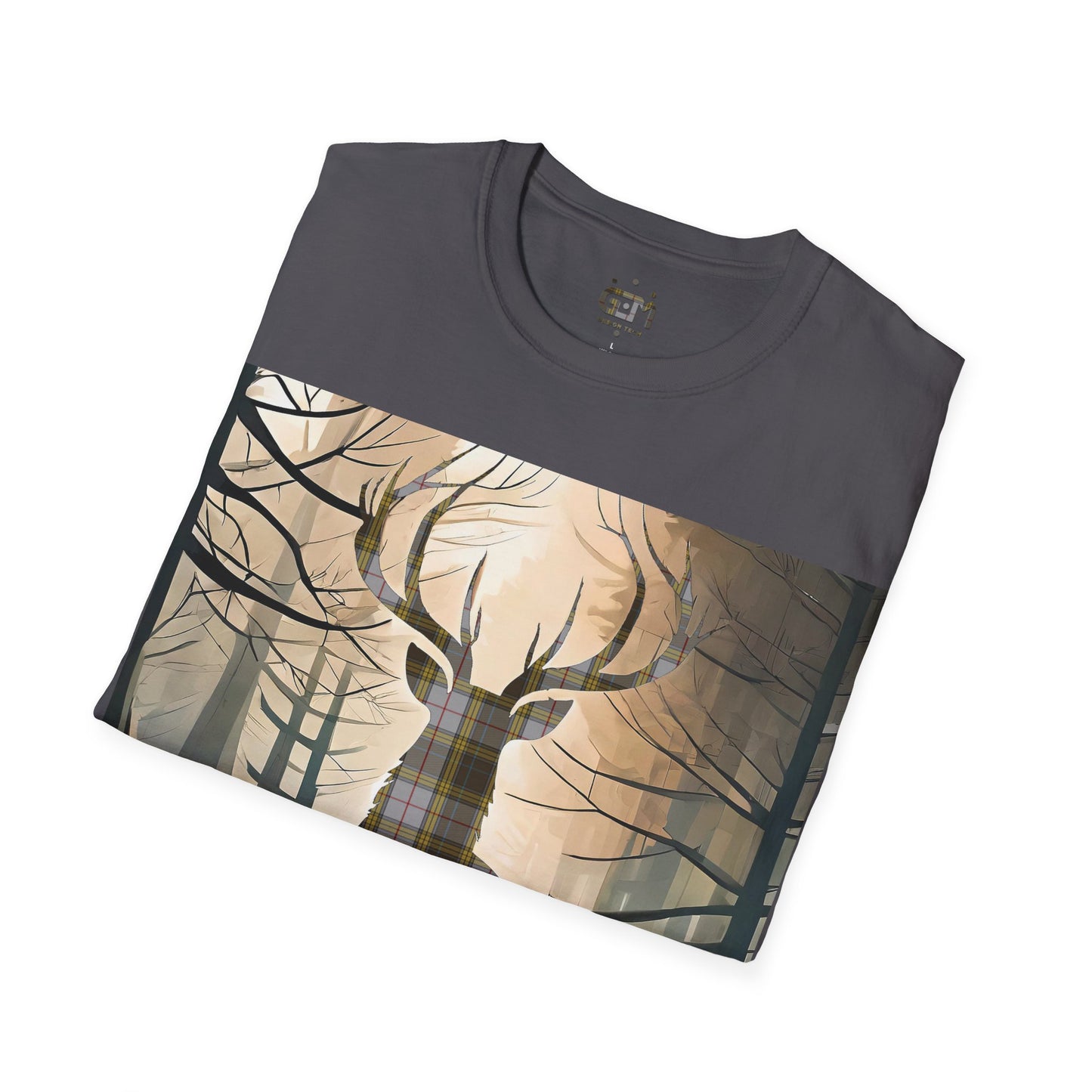 Stag Tartan Silhouette Softstyle T-Shirt - Buchanan Tartan, Unisex Tee, Scottish Scenery, Various Colours