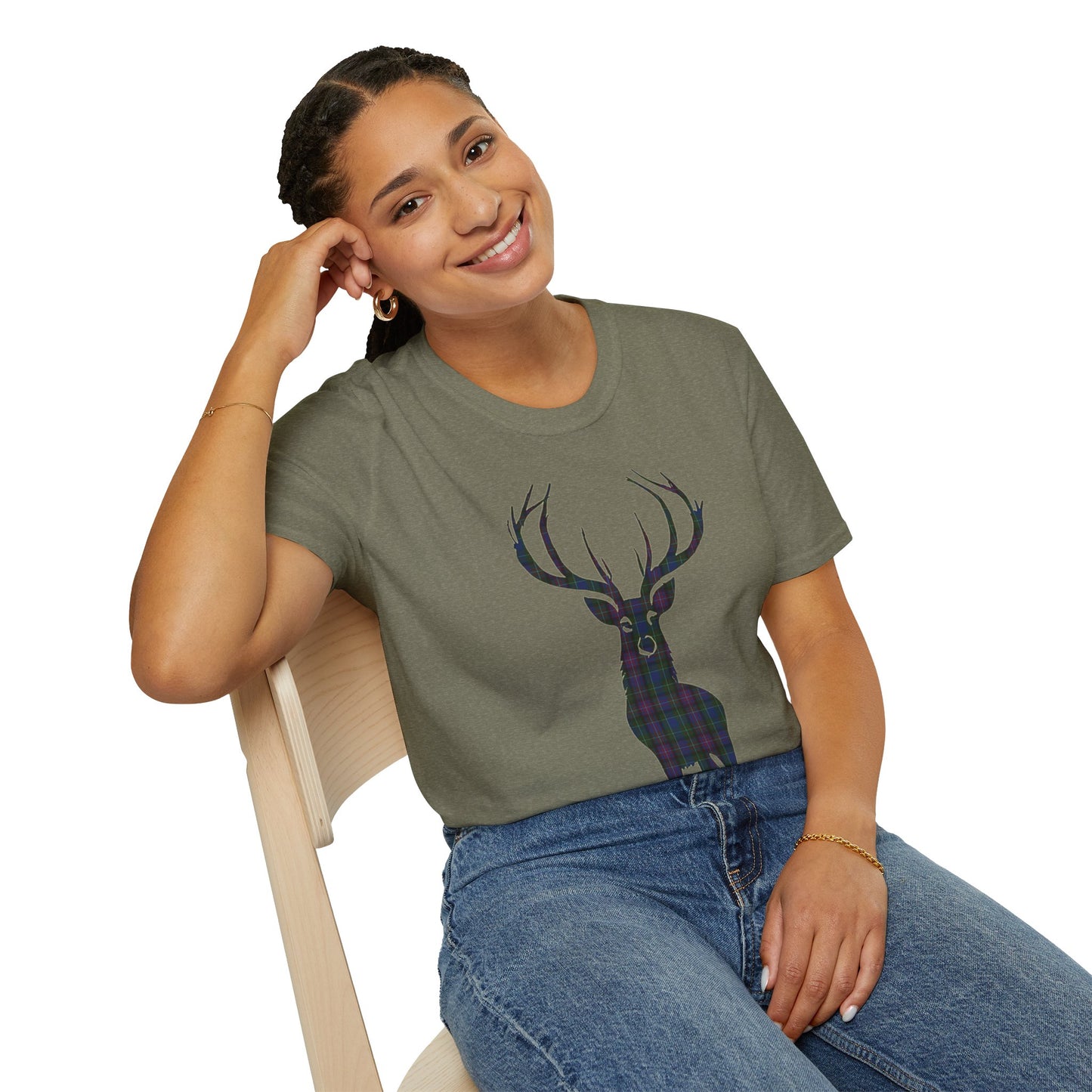 Tartan Stag Softstyle T-Shirt - Rankin Tartan, Unisex Tee, Scottish Scenery, Various Colours