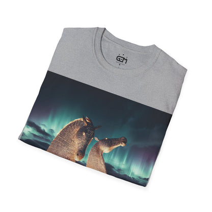 Kelpies with Northern Lights Softstyle T-Shirt, Unisex Tee, Scotland Shirt, Scottish Landmark, Nature, Scenery, Various Colours