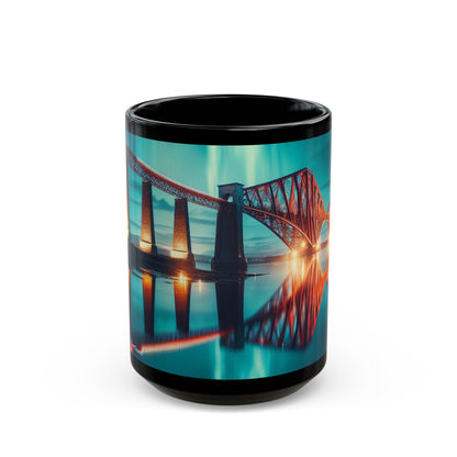 Forth Rail Bridge Northern Lights Mug, Tasse à café, Tasse à thé, Art écossais, Monuments écossais, Nature écossaise, Noir