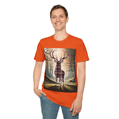 Stag Tartan Silhouette Softstyle T-Shirt - MacPherson Tartan, Unisex Tee, Scottish Scenery, Various Colours