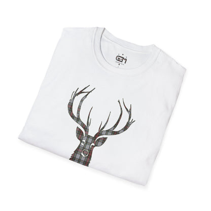 Tartan Stag Softstyle T-Shirt - Stewart Dress Tartan, Unisex Tee, Scottish Scenery, Various Colours