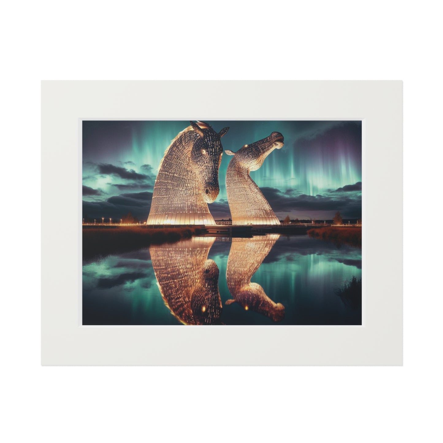 Kelpies Northern Lights Fine Art Print, Scotland Art, Paper Frame, Various Sizes, Horizontal