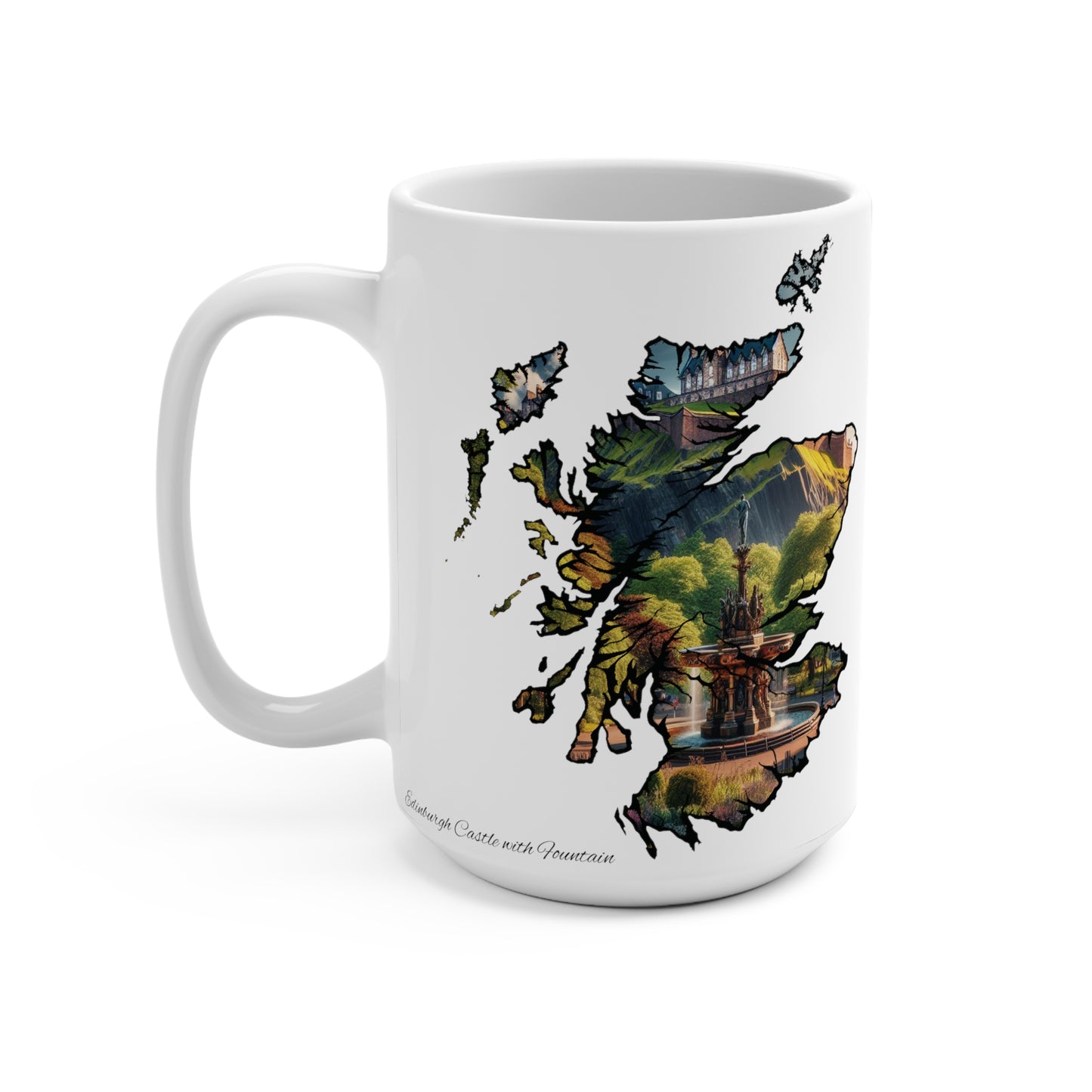 Scotland Map Mug 15oz, Edinburgh Castle with Ross Fountain