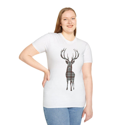 Tartan Stag Softstyle T-Shirt - Stewart Dress Tartan, Unisex Tee, Scottish Scenery, Various Colours